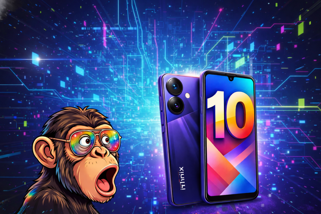 Infinix Smart 10 com visual moderno e design roxo em fundo tecnológico