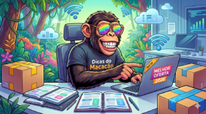 Macaco de óculos coloridos analisando notebooks em um escritório tecnológico para o guia de melhor notebook custo benefício 2026.