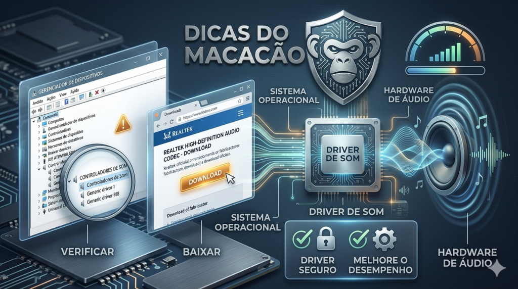 Diagrama técnico e profissional do site 'Dicas do Macacão' ilustrando o fluxo de dados de som: os comandos do sistema operacional (SISTEMA OPERACIONAL) entram em um núcleo de processamento (DRIVER DE SOM), onde são convertidos e enviados como ondas sonoras nítidas para o hardware de áudio (HARDWARE DE ÁUDIO)