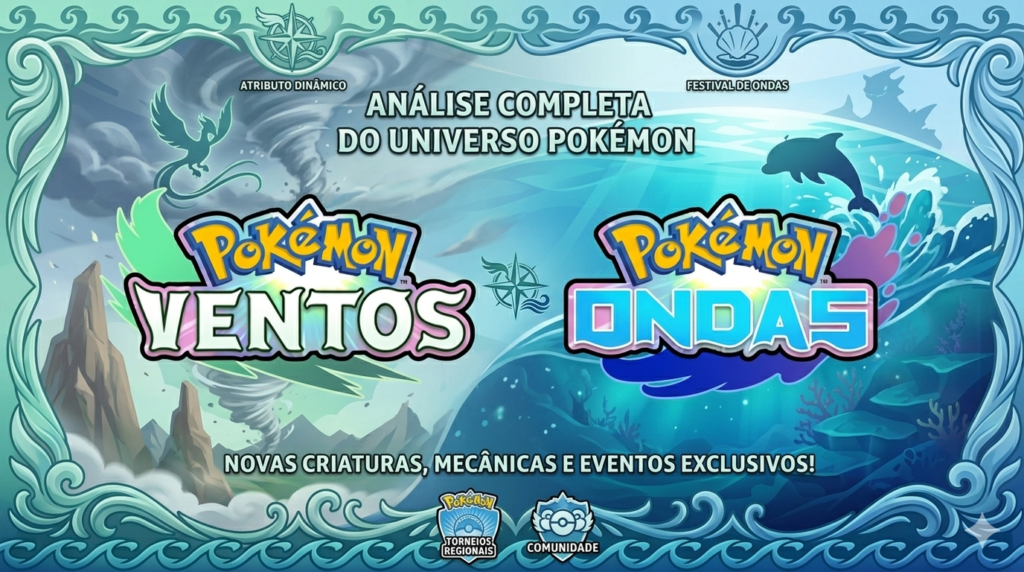 Logotipos dos jogos Pokémon Ventos e Pokémon Ondas centralizados em um cenário marinho com recifes de coral, silhuetas de Pokémon e uma moldura temática ornamental.